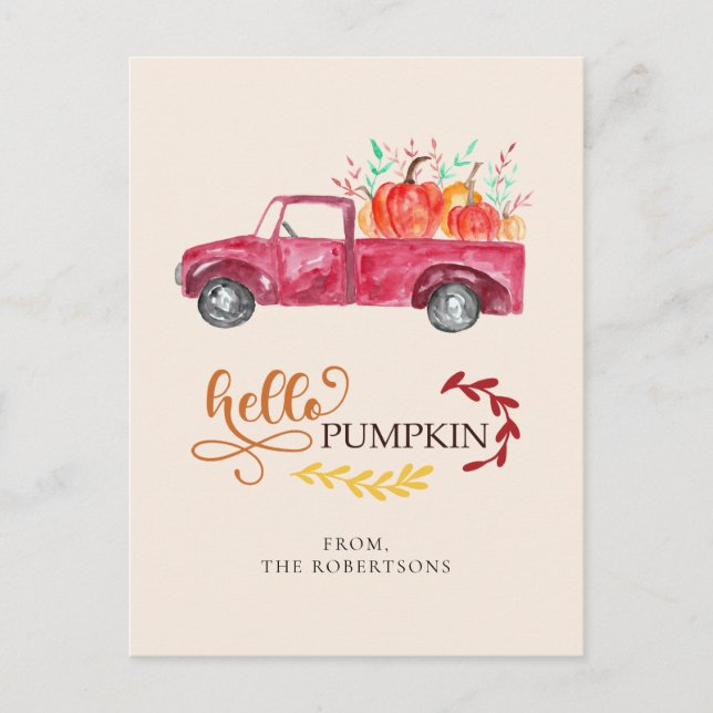 Hello Pumpkin Red Pickup Truck Fall Autumn Postcard (Front)