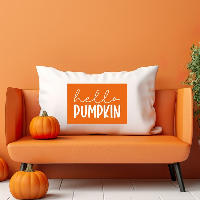 Hello Pumpkin White Text On Orange Background Lumbar Cushion (Creator Uploaded)