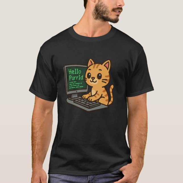 Hello Purrld Funny Coder Cat Coding Programmer Tec T-Shirt (Front)
