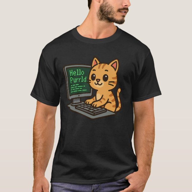 Hello Purrld Funny Coder Cat Coding Programmer Tec T-Shirt (Front)