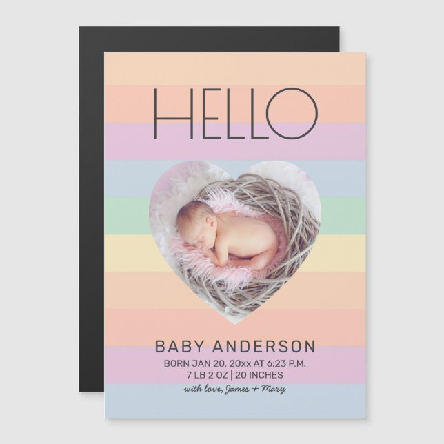 Hello Rainbow Colours Baby Photo Birth Announcemen Magnetic Invitation (Front/Back)