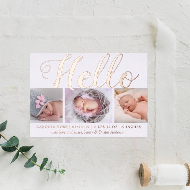 "Hello" Real Foil 3 Photo Birth Announcement (Creator Uploaded)