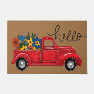 Hello Red Truck And Flower Mat, Retro  Doormat