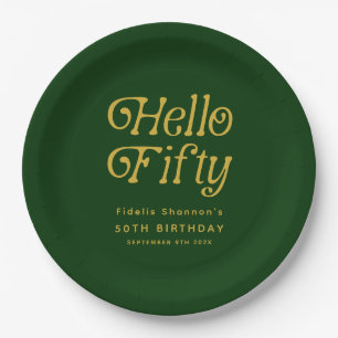 Hello Retro Green and Gold 50th Birthday Party Paper Plate
