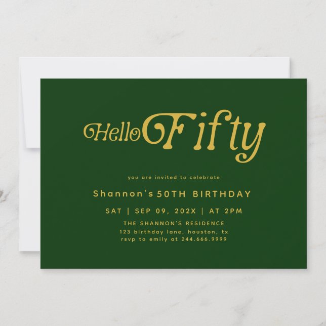 Hello Retro Green & Gold 50th Birthday Invitation (Front)