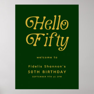 Hello Retro green &gold 50th Birthday Welcome Sign