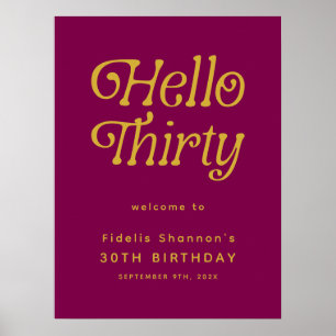 Hello Retro wine red and gold 30th Welcome Sign