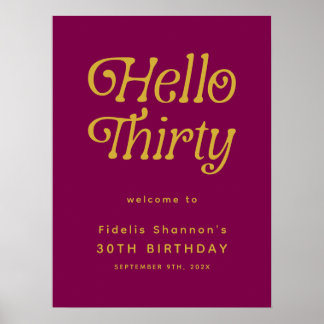 Hello Retro wine red and gold 30th Welcome Sign