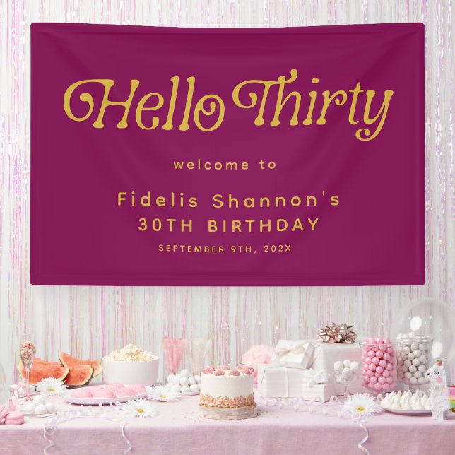 Hello Retro wine red & gold 30th Birthday Welcome Banner (Party)