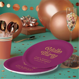 Hello Retro wine red & gold 30th Birthday Welcome Paper Plate