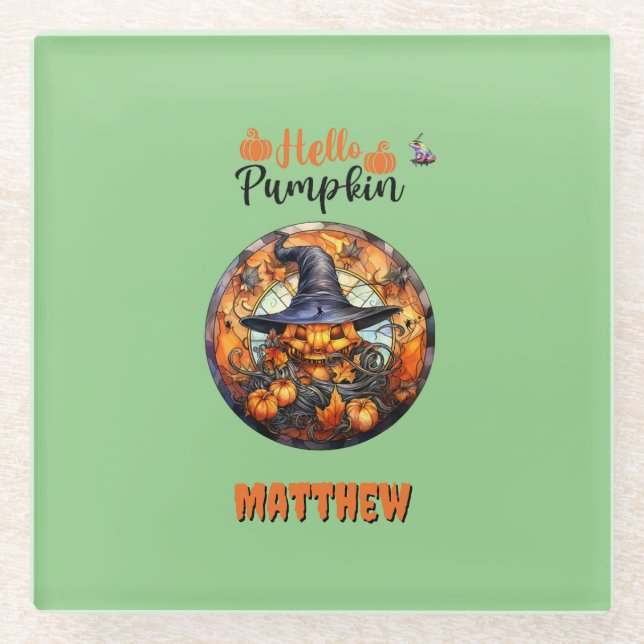 Hello Scary Hallowe'en Pumpkin Glass Coaster (Front)