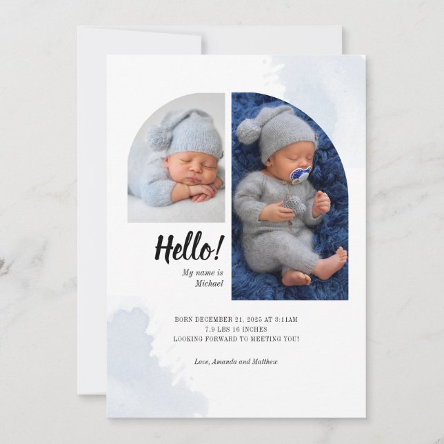Hello Script 2 Photos Arch Baby Birth Announcement (Front)