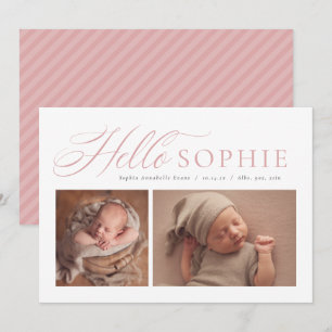 Hello script elegant two photo pink birth announcement
