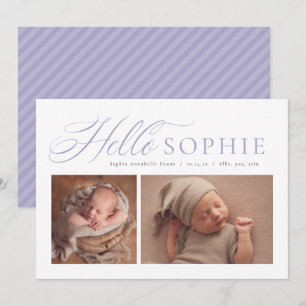 Hello script elegant two photo purple birth announcement