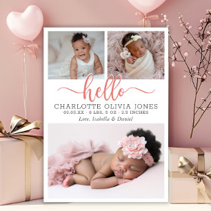Hello Script Girl Birth Photo Collage Announcement
