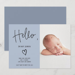 Hello script heart blue photo baby boy birth announcement