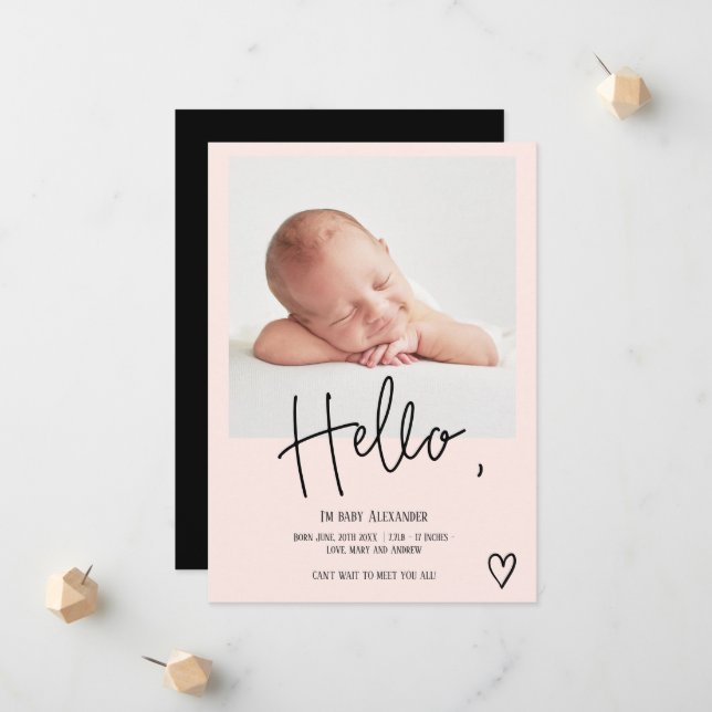 Hello script heart photo blush cute baby birth announcement (Front/Back In Situ)