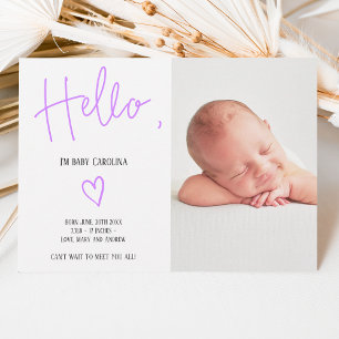 Hello script heart purple photo baby girl birth announcement