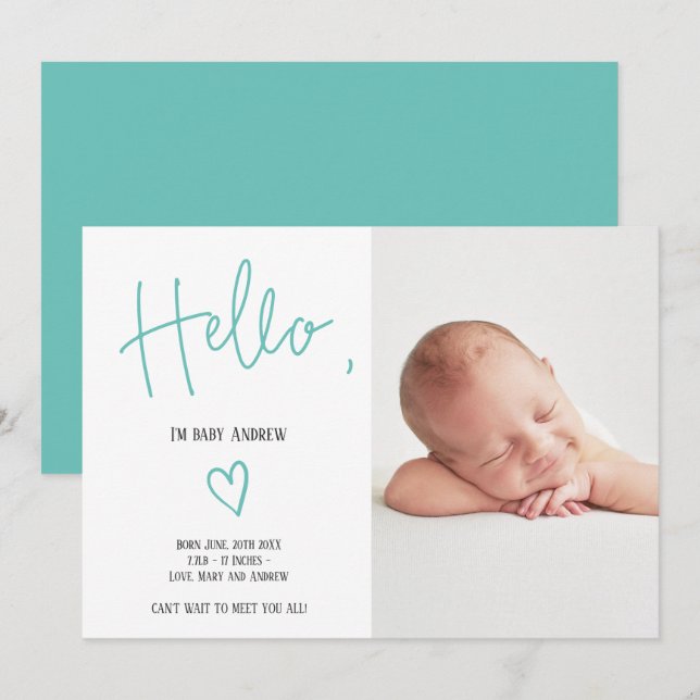 Hello script heart teal photo baby boy birth announcement (Front/Back)