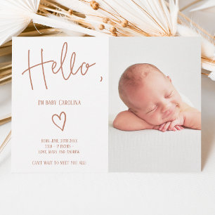 Hello script heart terracotta photo baby birth announcement