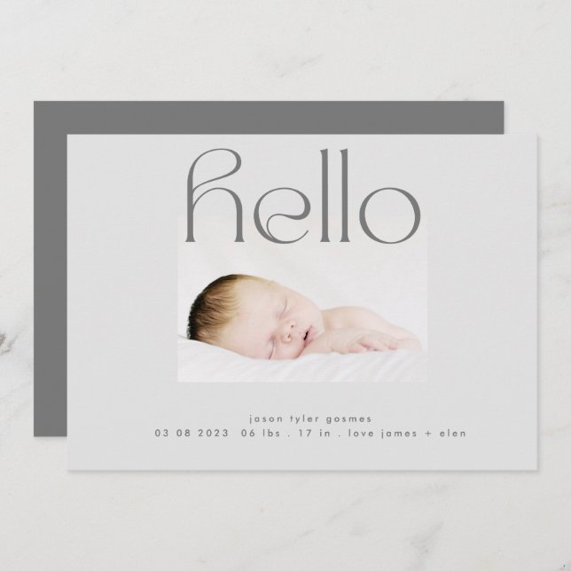 hello script modern grey simple minimalistic birth announcement (Front/Back)