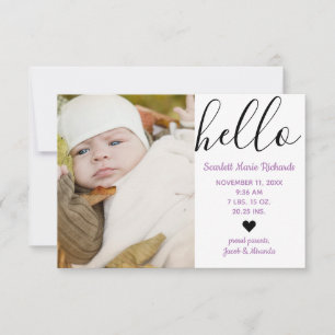 Hello Script Photo Purple - 3x5 Birth Announcement