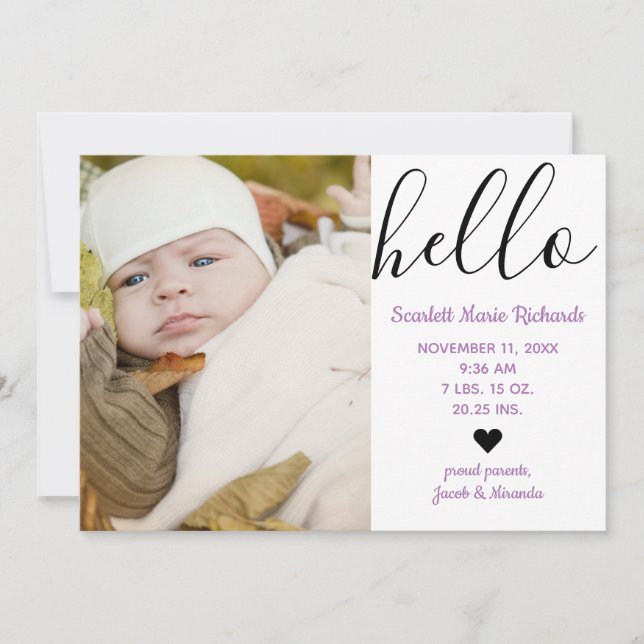 Hello Script Photo Purple - Birth Announcement (Front)