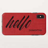 Hello Script Your Name on Red Linen Texture Photo