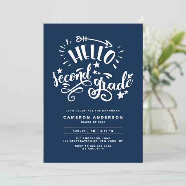 Hello Second Grade | Blue First Grade Graduation Invitation (Standing Front)