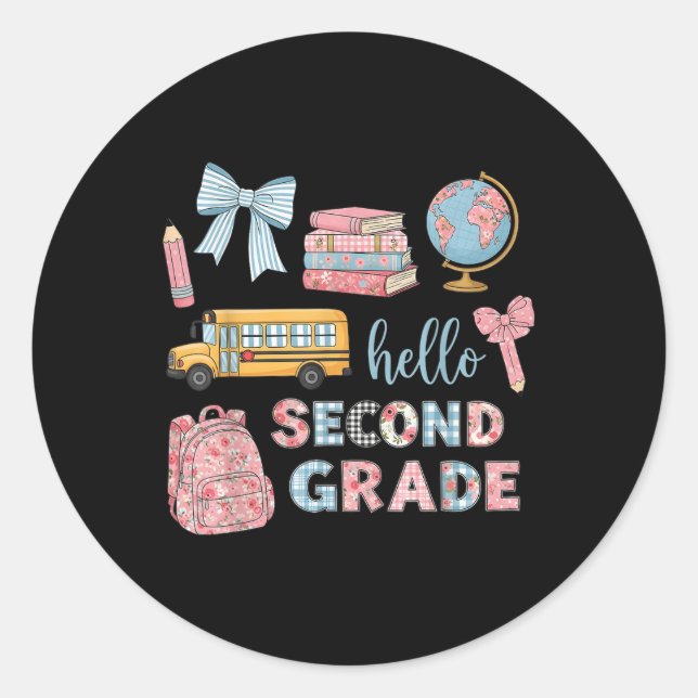 Hello Second Grade Coquette Bow Back To School  Classic Round Sticker (Front)