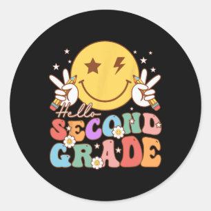 Hello Second Grade Hippie Smile Face Vintage Back Classic Round Sticker
