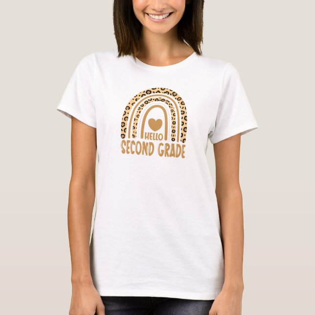 Hello Second Grade-Leopard Rainbow-Back to School T-Shirt (Front)