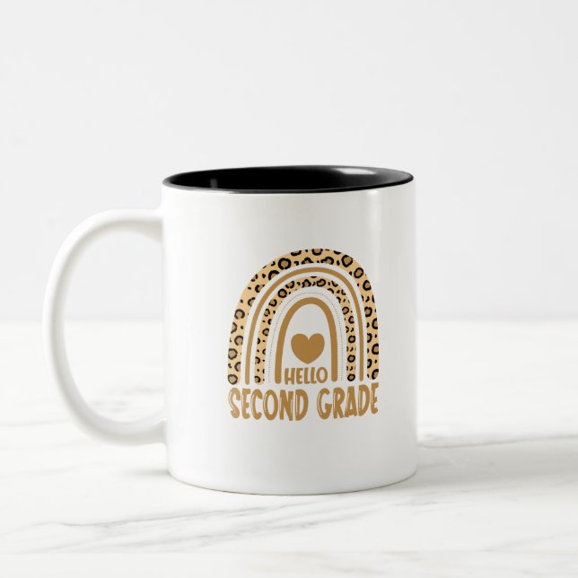 Hello Second Grade-Leopard Rainbow-Back to School Two-Tone Coffee Mug (Left)