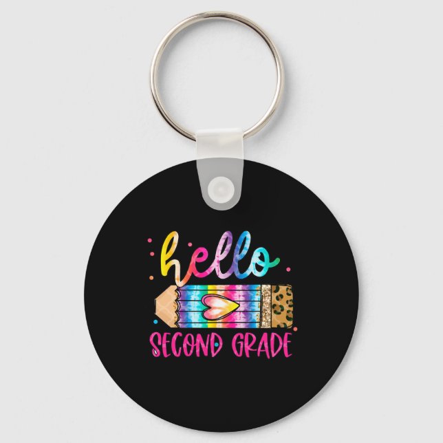 Hello Second Grade Leopard Tie Dye Pencil  Cute Te Key Ring (Front)