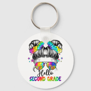 Hello Second Grade Messy Hair Bun Girl Back To Sch Key Ring
