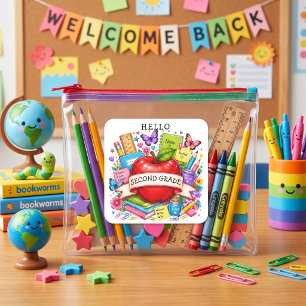 Hello Second Grade Retro Apple Square Sticker