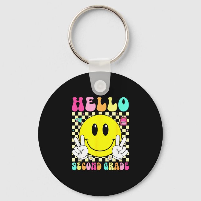 Hello second grade retro smile face back to school key ring (Front)