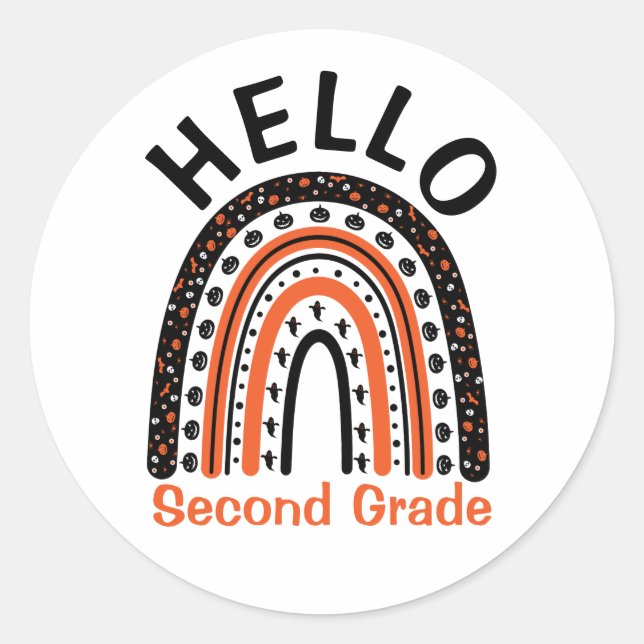 Hello Second Grade teacher Halloween boho rainbow Classic Round Sticker (Front)