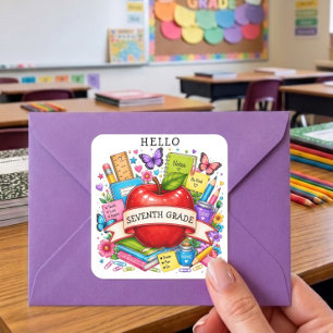 Hello Seventh Grade Retro Apple Square Sticker