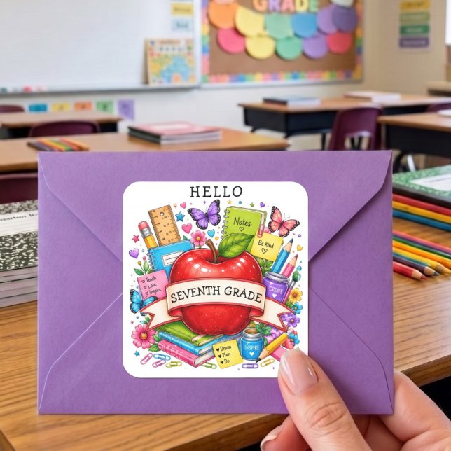 Hello Seventh Grade Retro Apple Square Sticker (Creator Uploaded)