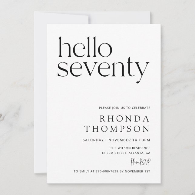 Hello Seventy Classic Simple 70th Birthday Invitation (Front)