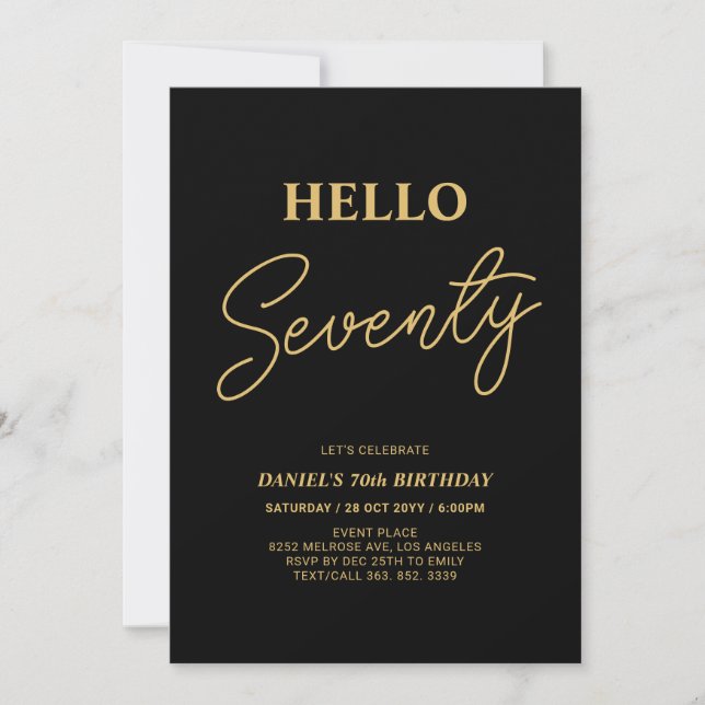 Hello Seventy | Gold & Black 70th Birthday Party Invitation (Front)