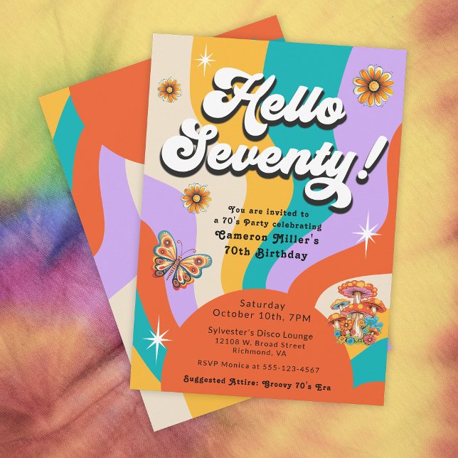 Hello Seventy Groovy 70's Birthday Party  Invitation (Celebrate a 70th Birthday with a Groovy Seventies Party!)