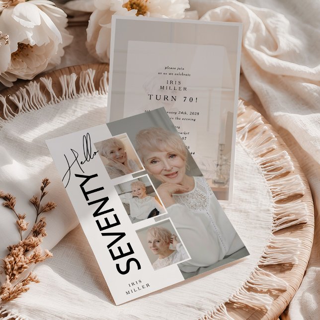 Hello SEVENTY' Modern Photo Collage 70th Birthday Invitation (Creator Uploaded)
