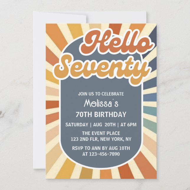 Hello Seventy Retro Sun Groovy Wave 70th Birthday Invitation (Front)
