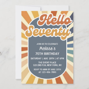 Hello Seventy Retro Sun Groovy Wave 70th Birthday Invitation