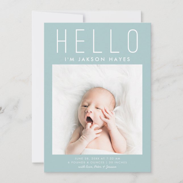 HELLO Simple Blue Modern Multi Photo Birth Announcement (Front)