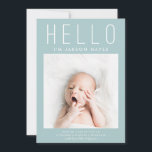 HELLO Simple Blue Modern Multi Photo Birth Announcement<br><div class="desc">This stylish and elegant 2-sided photo birth announcement card features four (4) photos (front & back) of your newborn baby boy, custom text that can be personalised, and a text that says "HELLO" in blocky font on a blue background. Customise this product by adding your newborn baby's name, pictures, birth...</div>