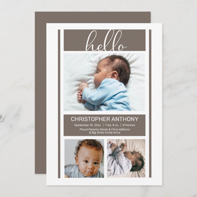 Hello Simple Minimalist Greige Baby Boy Birth  Ann Announcement (Front/Back)