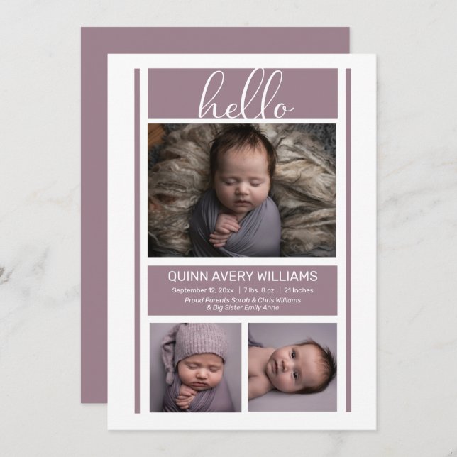 Hello Simple Minimalist Lavender Baby Birth  Annou Announcement (Front/Back)